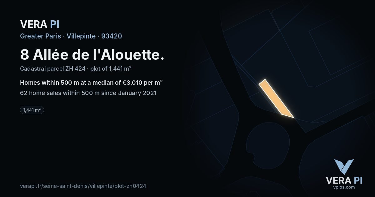 8 Allée de l'Alouette, Villepinte at night – the plot lit, the parcels around coloured by the prices near them