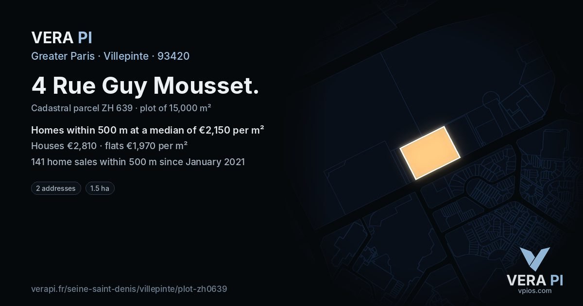 4 Rue Guy Mousset, Villepinte at night – the plot lit, the parcels around coloured by the prices near them