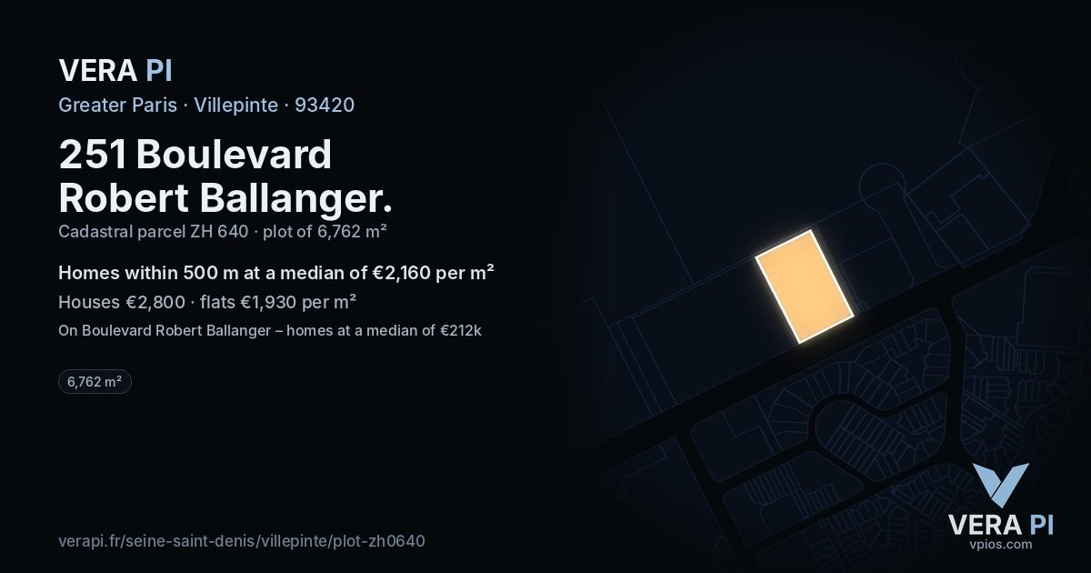 251 Boulevard Robert Ballanger, Villepinte at night – the plot lit, the parcels around coloured by the prices near them