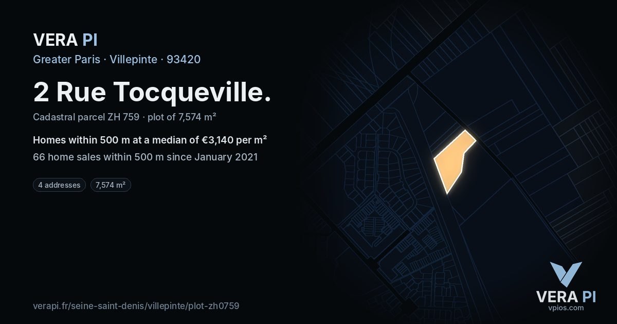 2 Rue Tocqueville, Villepinte at night – the plot lit, the parcels around coloured by the prices near them