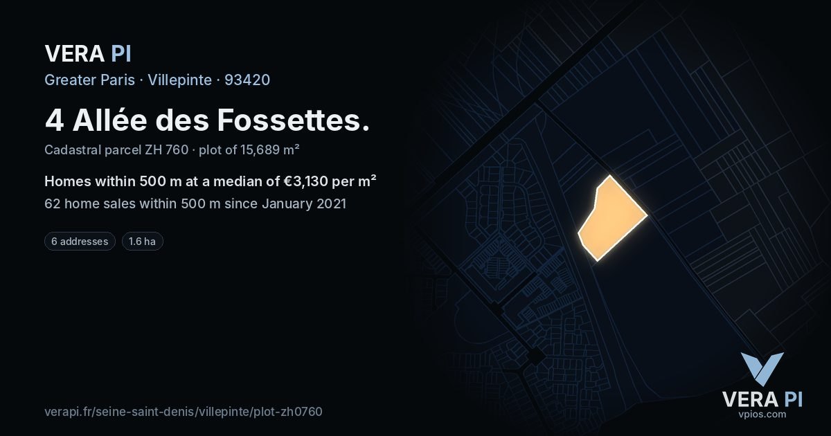 4 Allée des Fossettes, Villepinte at night – the plot lit, the parcels around coloured by the prices near them
