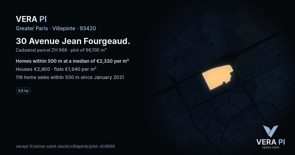 30 Avenue Jean Fourgeaud, Villepinte at night – the plot lit, the parcels around coloured by the prices near them