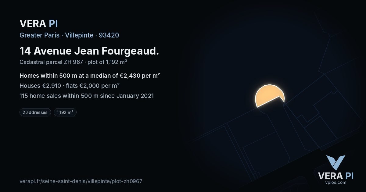 14 Avenue Jean Fourgeaud, Villepinte at night – the plot lit, the parcels around coloured by the prices near them