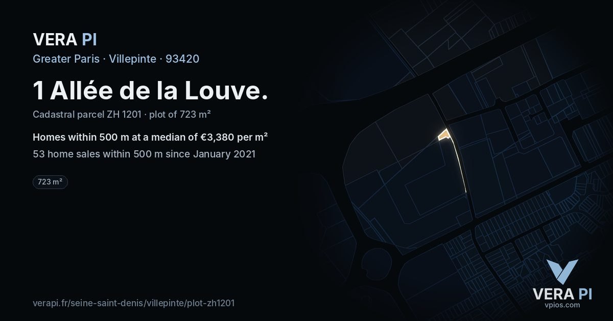 1 Allée de la Louve, Villepinte at night – the plot lit, the parcels around coloured by the prices near them
