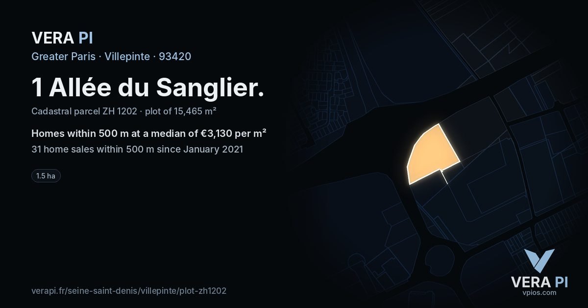 1 Allée du Sanglier, Villepinte at night – the plot lit, the parcels around coloured by the prices near them