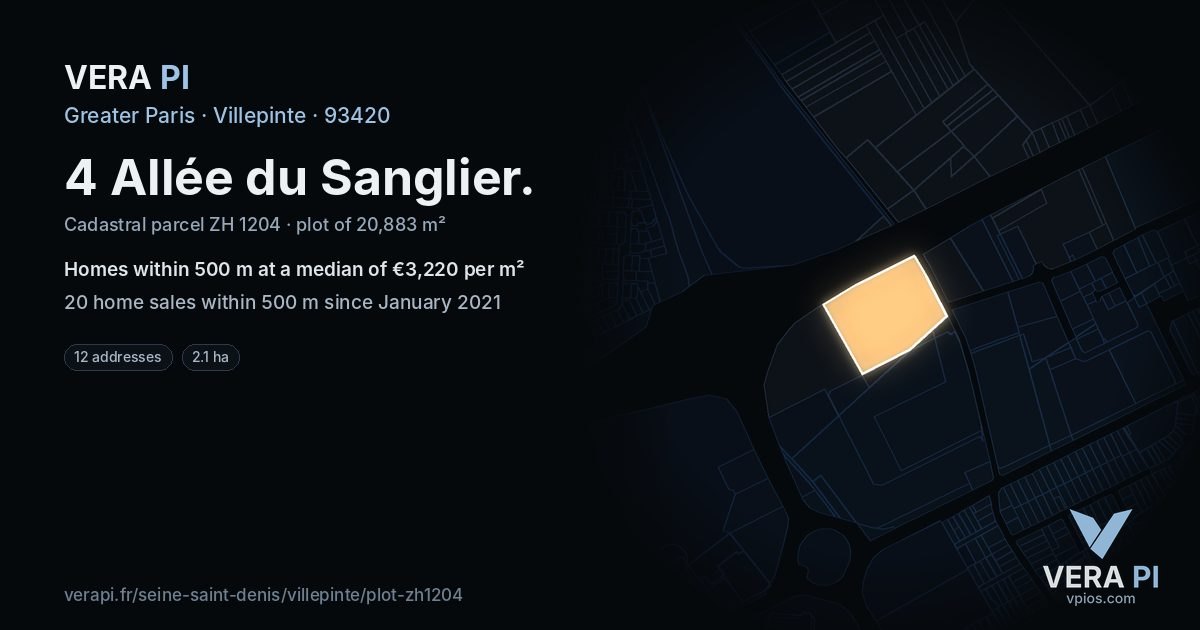 4 Allée du Sanglier, Villepinte at night – the plot lit, the parcels around coloured by the prices near them