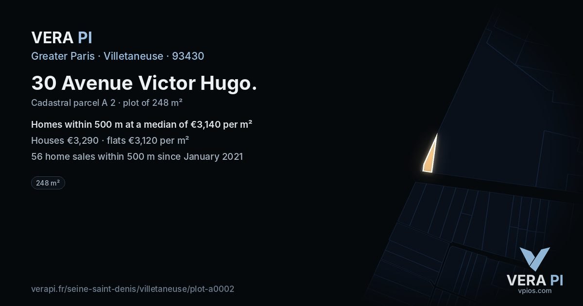 30 Avenue Victor Hugo, Villetaneuse at night – the plot lit, the parcels around coloured by the prices near them