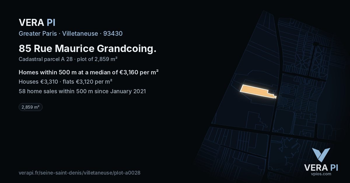 85 Rue Maurice Grandcoing, Villetaneuse at night – the plot lit, the parcels around coloured by the prices near them
