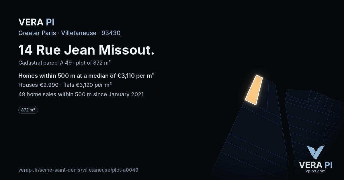 14 Rue Jean Missout, Villetaneuse at night – the plot lit, the parcels around coloured by the prices near them