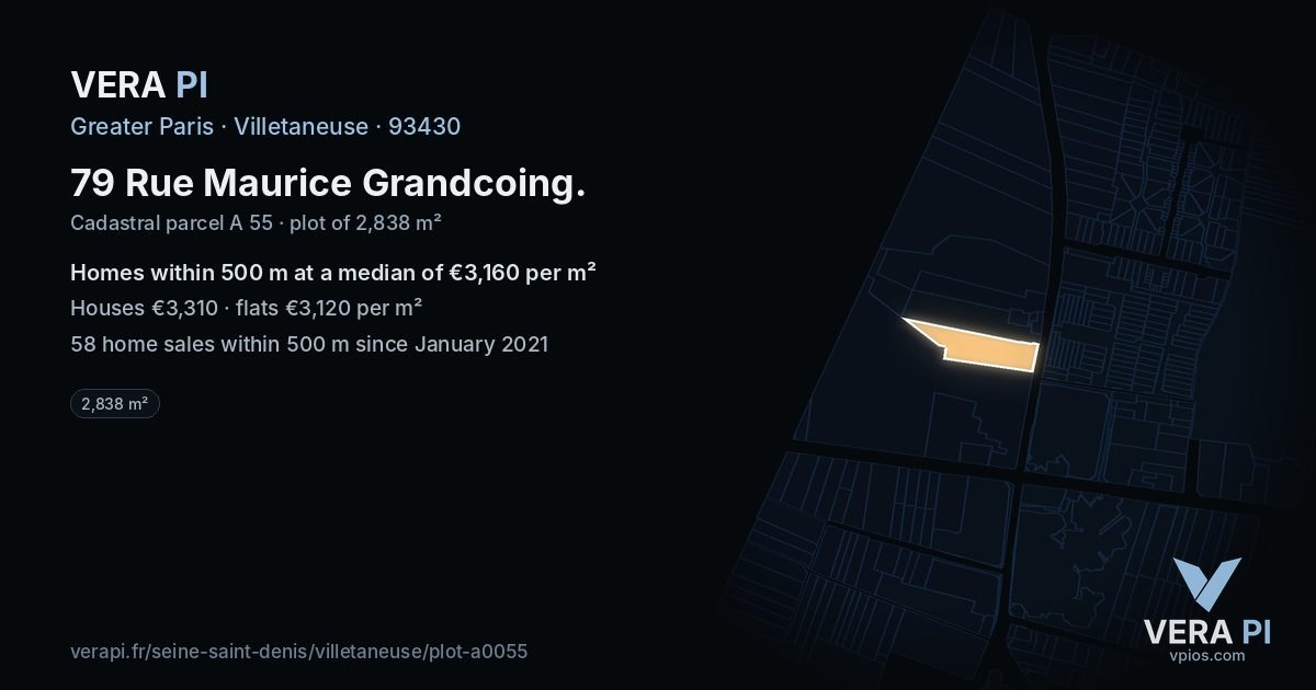 79 Rue Maurice Grandcoing, Villetaneuse at night – the plot lit, the parcels around coloured by the prices near them