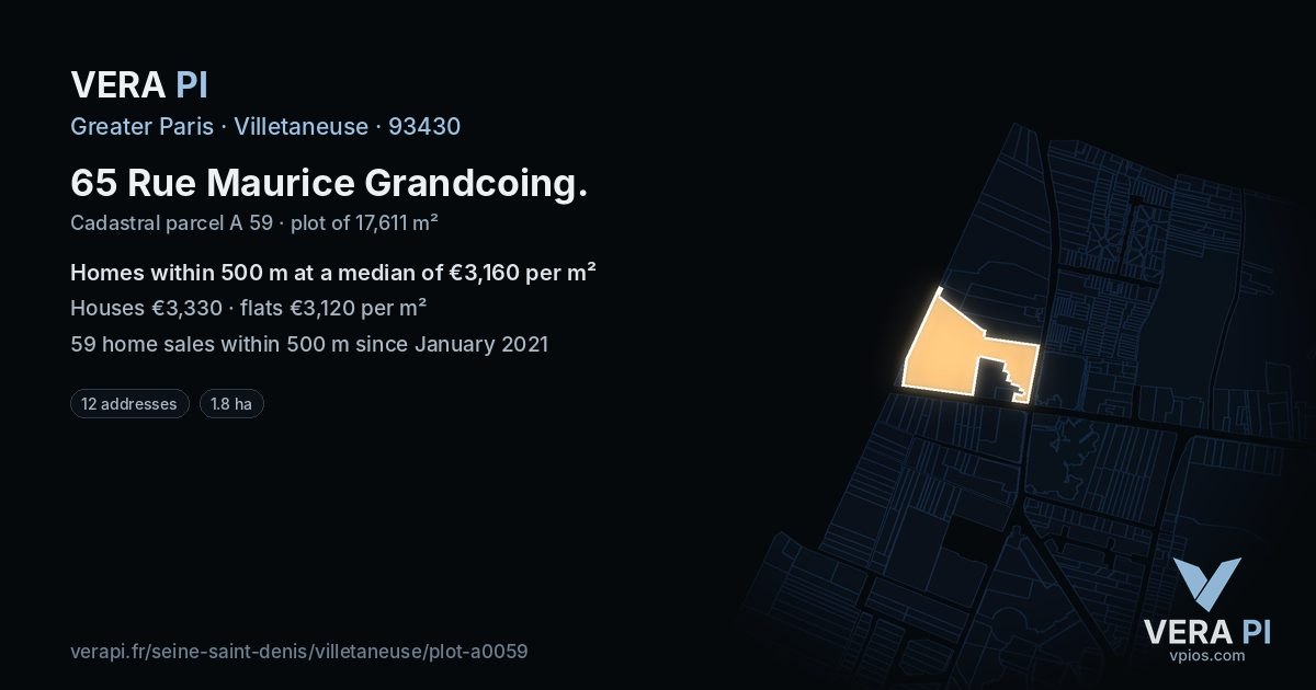 65 Rue Maurice Grandcoing, Villetaneuse at night – the plot lit, the parcels around coloured by the prices near them