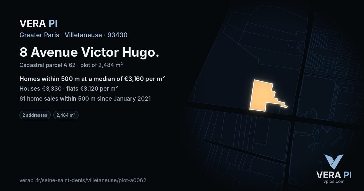 8 Avenue Victor Hugo, Villetaneuse at night – the plot lit, the parcels around coloured by the prices near them
