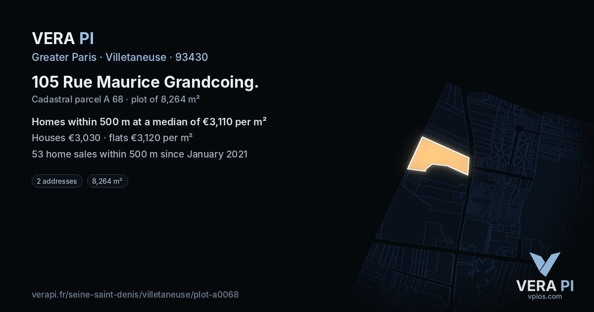 105 Rue Maurice Grandcoing, Villetaneuse at night – the plot lit, the parcels around coloured by the prices near them