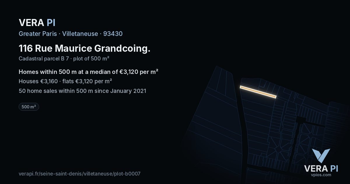 116 Rue Maurice Grandcoing, Villetaneuse at night – the plot lit, the parcels around coloured by the prices near them