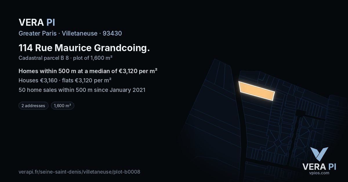 114 Rue Maurice Grandcoing, Villetaneuse at night – the plot lit, the parcels around coloured by the prices near them