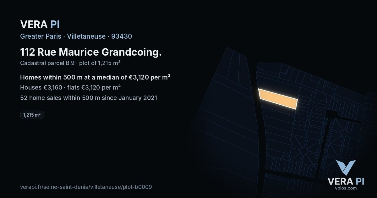 112 Rue Maurice Grandcoing, Villetaneuse at night – the plot lit, the parcels around coloured by the prices near them