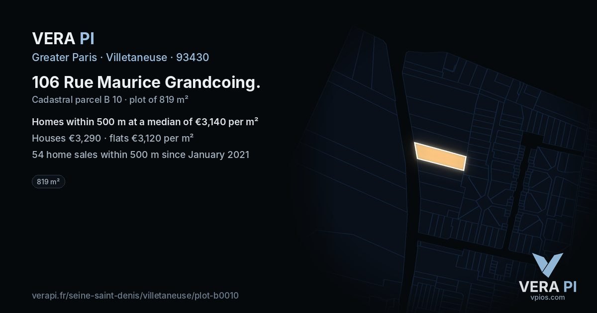 106 Rue Maurice Grandcoing, Villetaneuse at night – the plot lit, the parcels around coloured by the prices near them