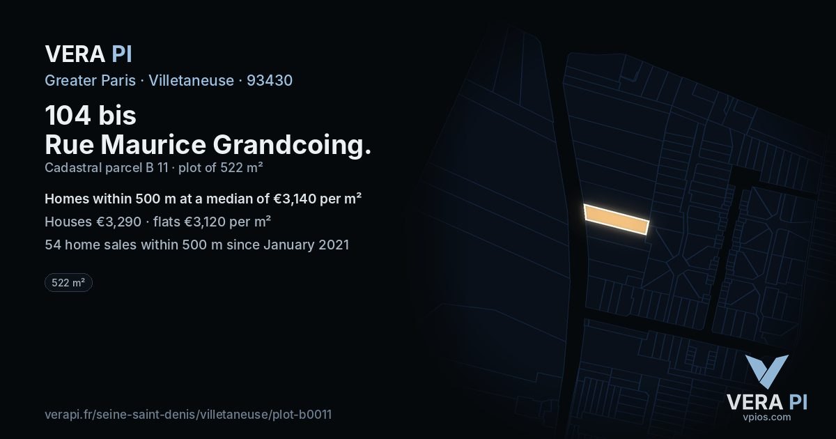 104 bis Rue Maurice Grandcoing, Villetaneuse at night – the plot lit, the parcels around coloured by the prices near them