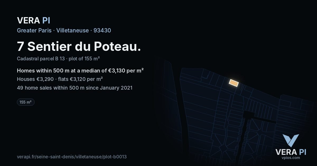 7 Sentier du Poteau, Villetaneuse at night – the plot lit, the parcels around coloured by the prices near them