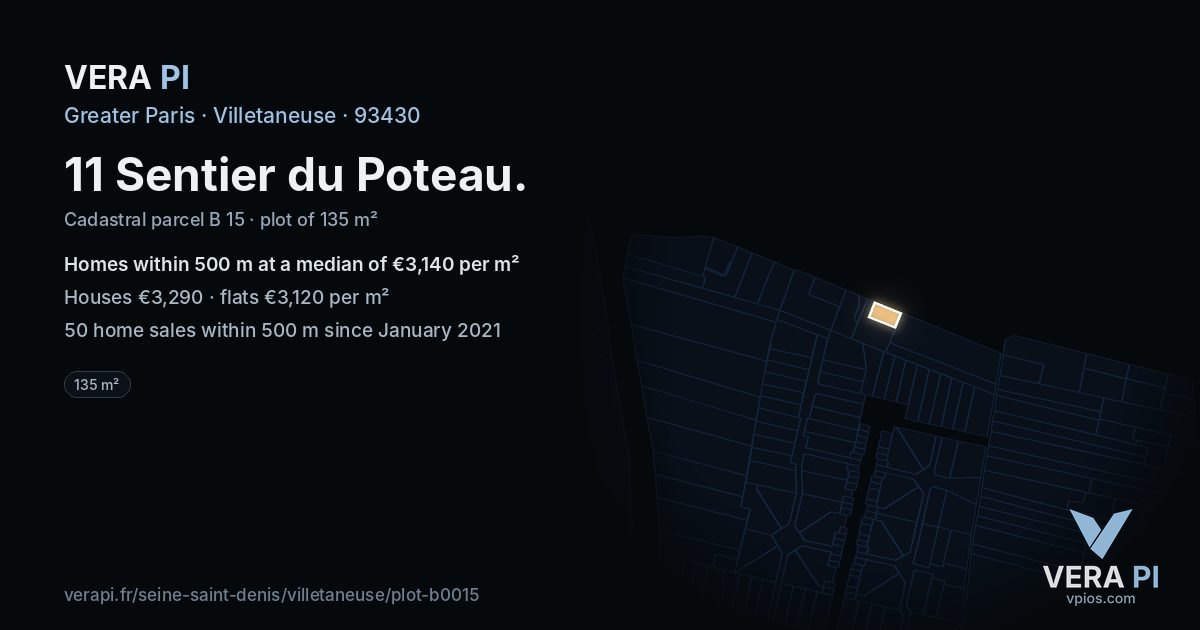 11 Sentier du Poteau, Villetaneuse at night – the plot lit, the parcels around coloured by the prices near them