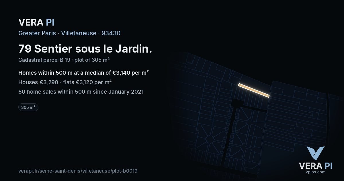 79 Sentier sous le Jardin, Villetaneuse at night – the plot lit, the parcels around coloured by the prices near them