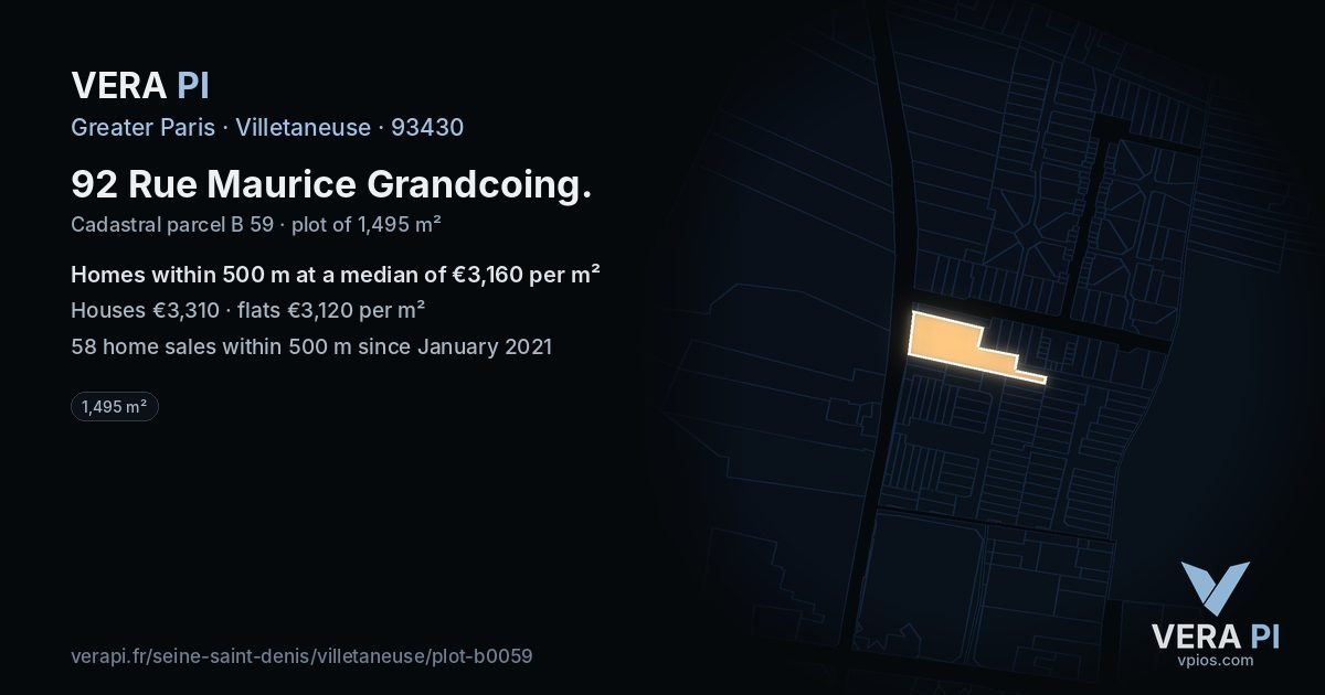 92 Rue Maurice Grandcoing, Villetaneuse at night – the plot lit, the parcels around coloured by the prices near them