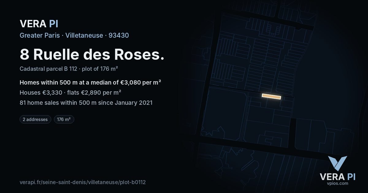 8 Ruelle des Roses, Villetaneuse at night – the plot lit, the parcels around coloured by the prices near them