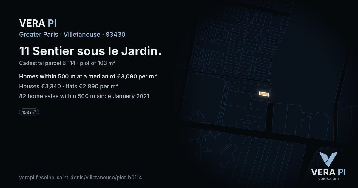 11 Sentier sous le Jardin, Villetaneuse at night – the plot lit, the parcels around coloured by the prices near them