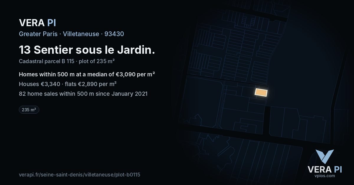 13 Sentier sous le Jardin, Villetaneuse at night – the plot lit, the parcels around coloured by the prices near them