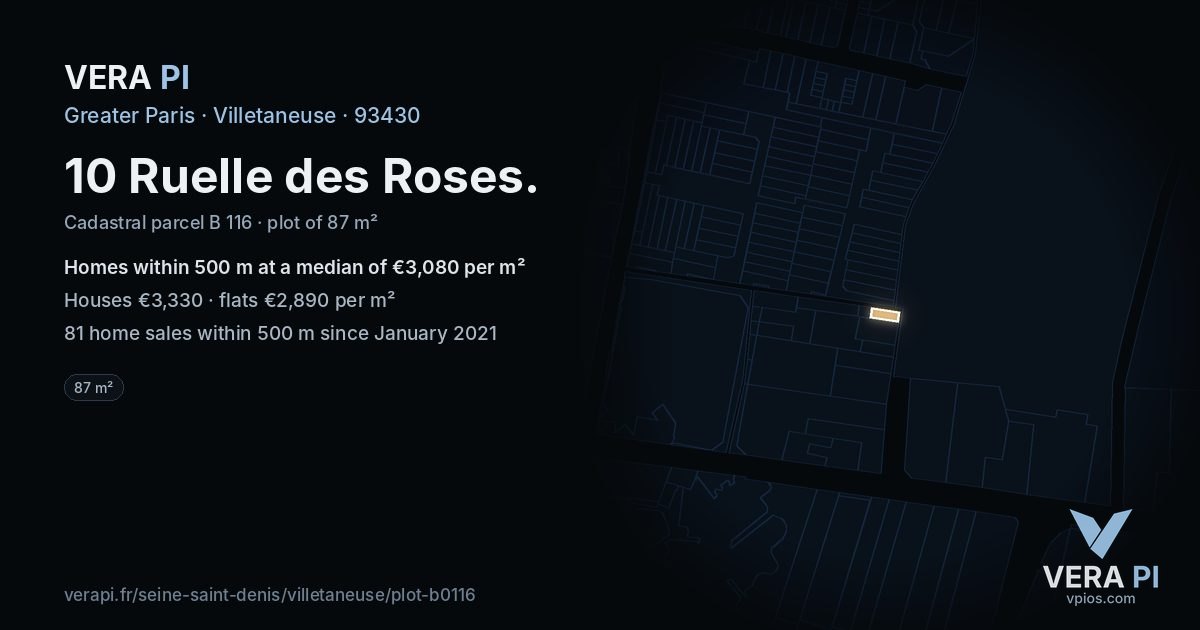10 Ruelle des Roses, Villetaneuse at night – the plot lit, the parcels around coloured by the prices near them