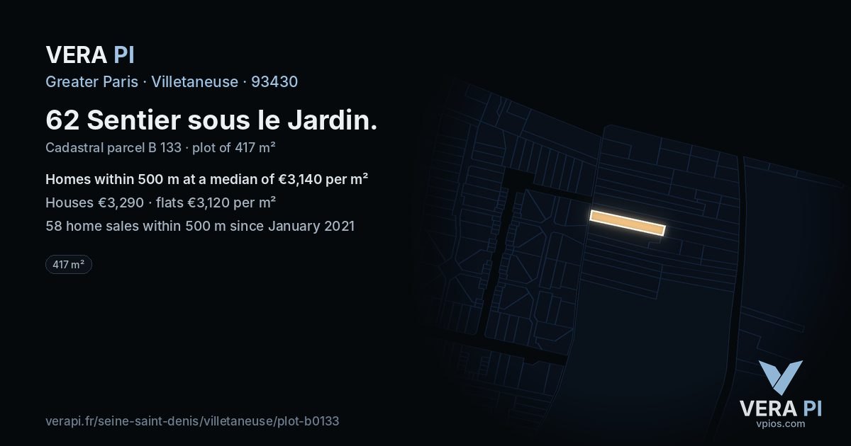 62 Sentier sous le Jardin, Villetaneuse at night – the plot lit, the parcels around coloured by the prices near them