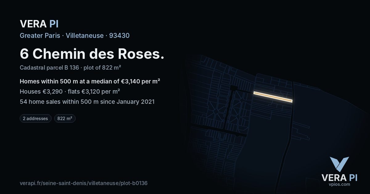 6 Chemin des Roses, Villetaneuse at night – the plot lit, the parcels around coloured by the prices near them