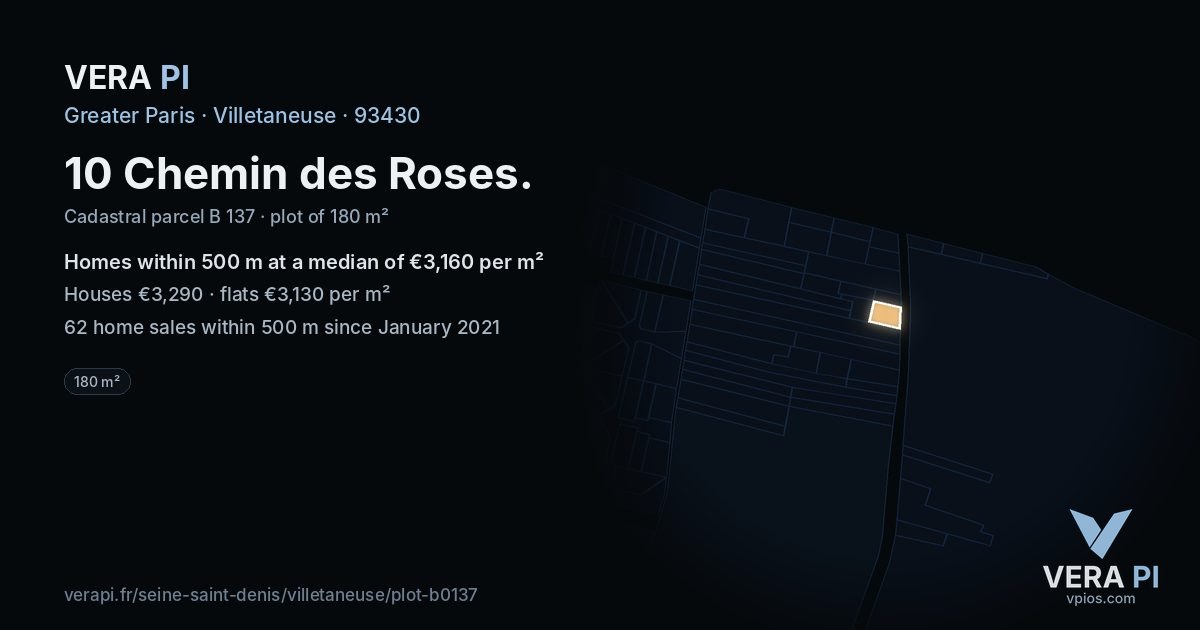 10 Chemin des Roses, Villetaneuse at night – the plot lit, the parcels around coloured by the prices near them