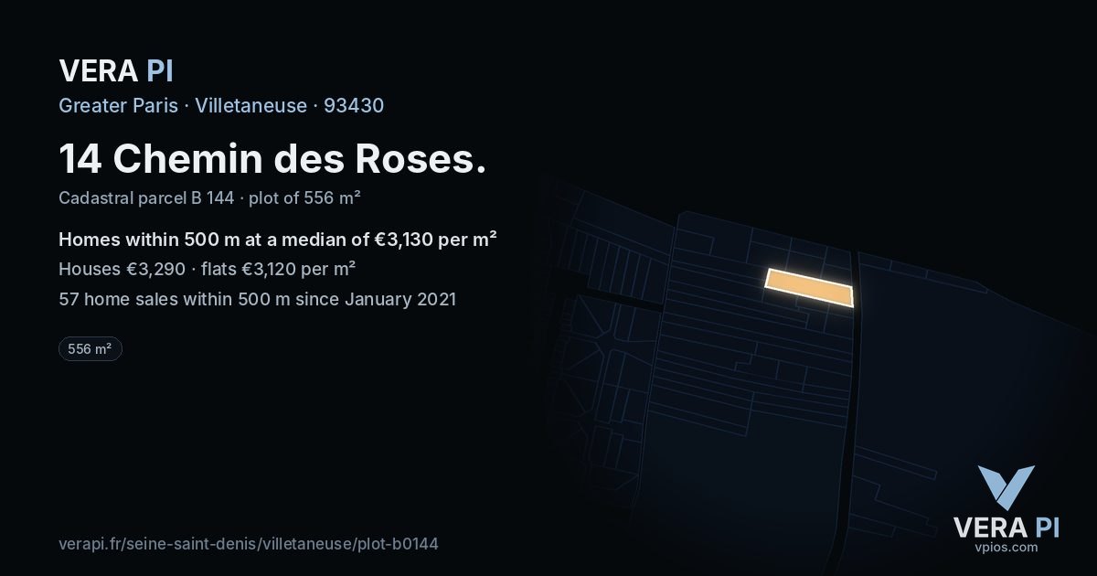 14 Chemin des Roses, Villetaneuse at night – the plot lit, the parcels around coloured by the prices near them