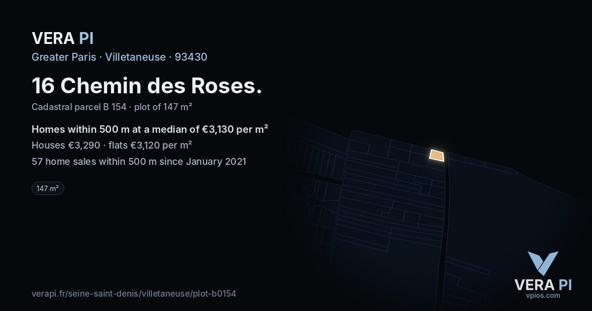 16 Chemin des Roses, Villetaneuse at night – the plot lit, the parcels around coloured by the prices near them