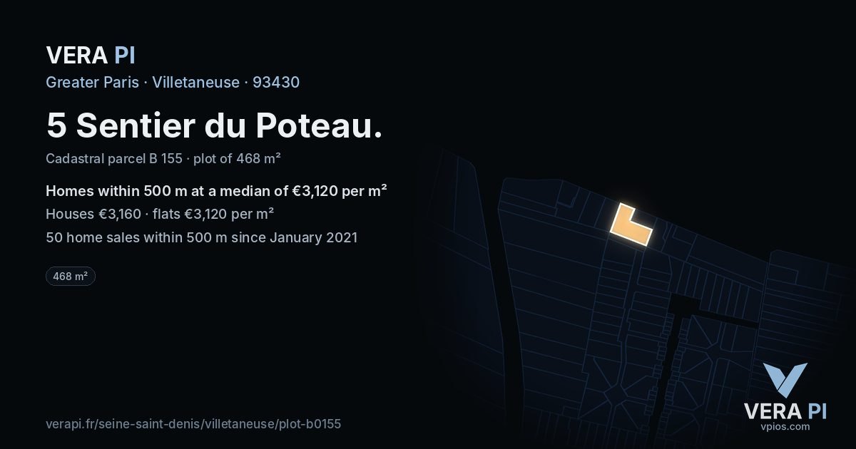 5 Sentier du Poteau, Villetaneuse at night – the plot lit, the parcels around coloured by the prices near them