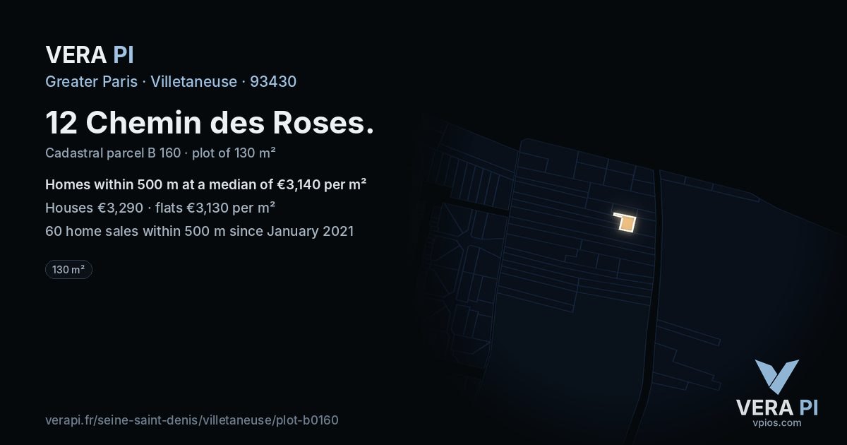 12 Chemin des Roses, Villetaneuse at night – the plot lit, the parcels around coloured by the prices near them