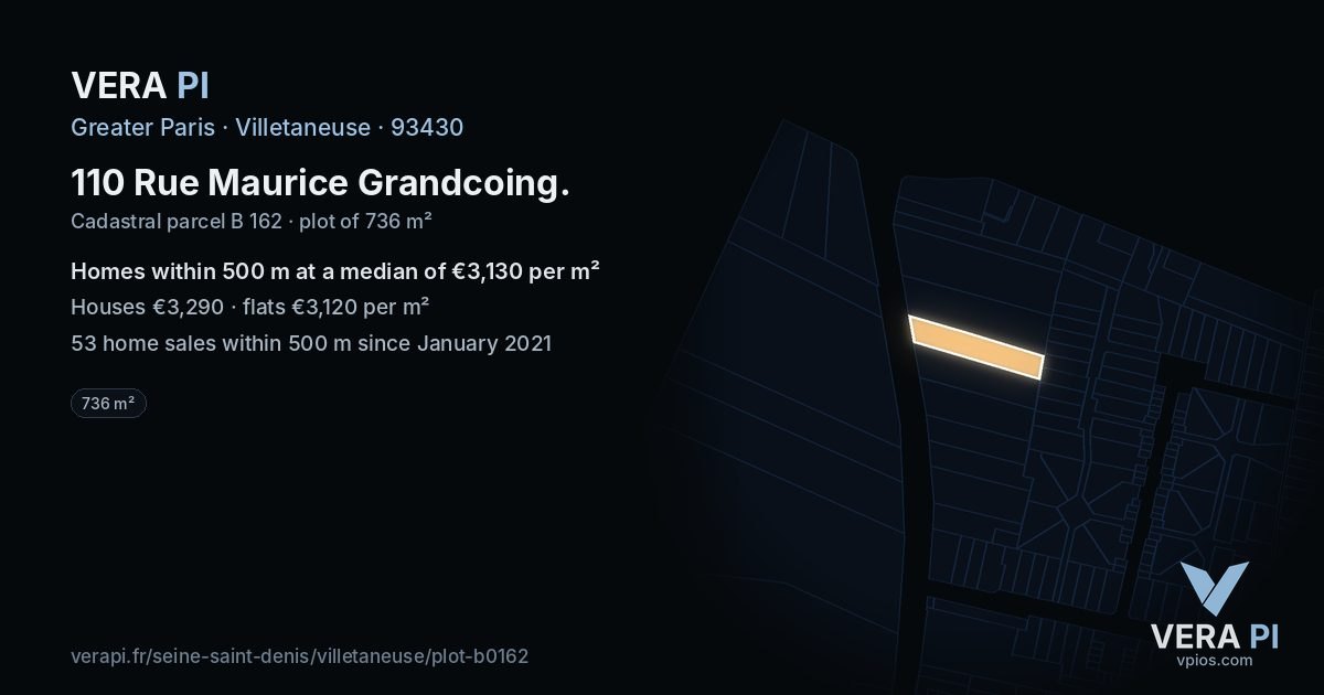 110 Rue Maurice Grandcoing, Villetaneuse at night – the plot lit, the parcels around coloured by the prices near them