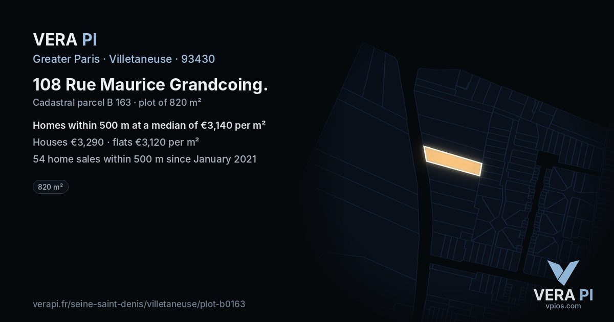 108 Rue Maurice Grandcoing, Villetaneuse at night – the plot lit, the parcels around coloured by the prices near them