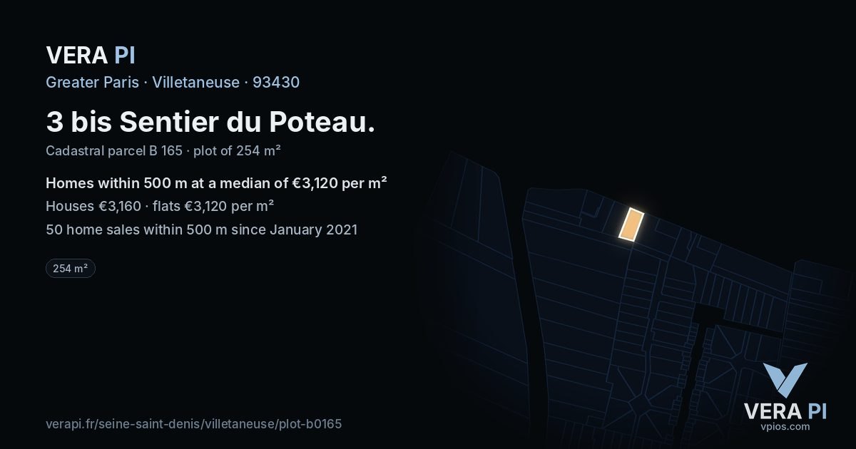 3 bis Sentier du Poteau, Villetaneuse at night – the plot lit, the parcels around coloured by the prices near them