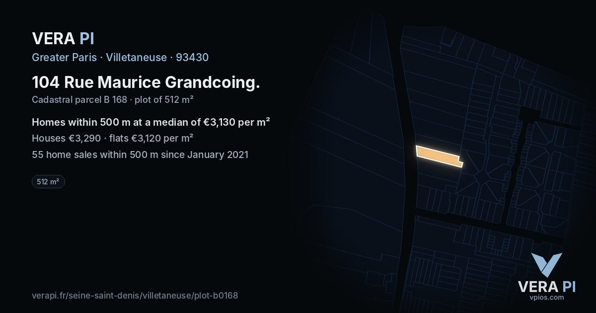 104 Rue Maurice Grandcoing, Villetaneuse at night – the plot lit, the parcels around coloured by the prices near them