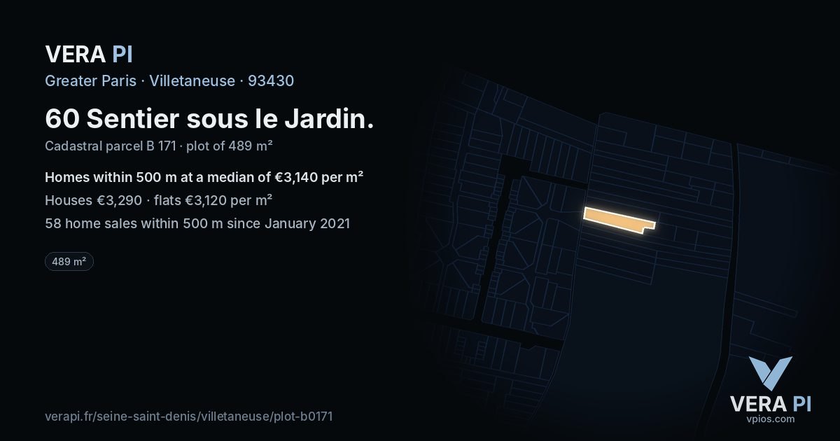60 Sentier sous le Jardin, Villetaneuse at night – the plot lit, the parcels around coloured by the prices near them