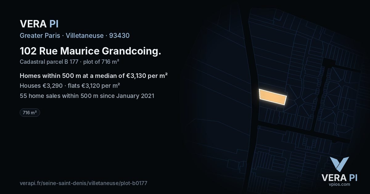 102 Rue Maurice Grandcoing, Villetaneuse at night – the plot lit, the parcels around coloured by the prices near them