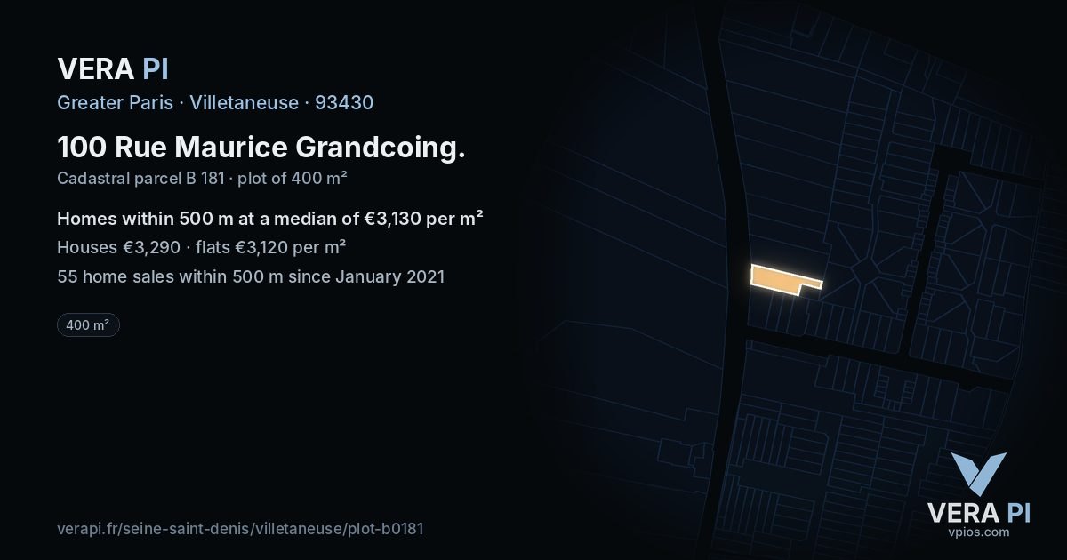 100 Rue Maurice Grandcoing, Villetaneuse at night – the plot lit, the parcels around coloured by the prices near them