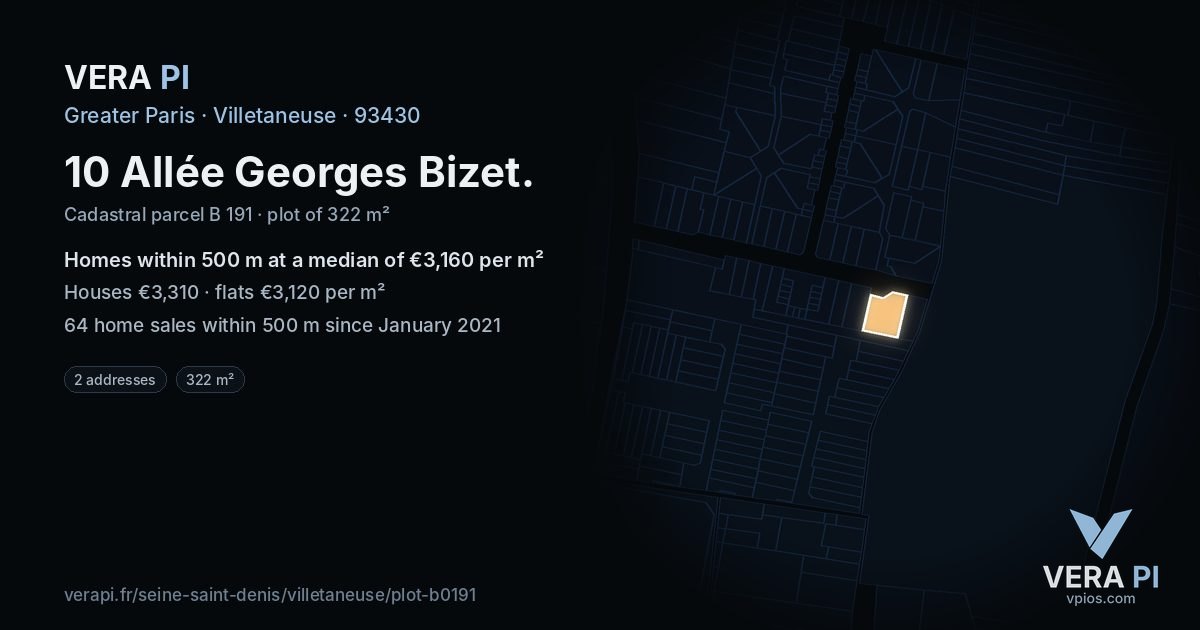 10 Allée Georges Bizet, Villetaneuse at night – the plot lit, the parcels around coloured by the prices near them