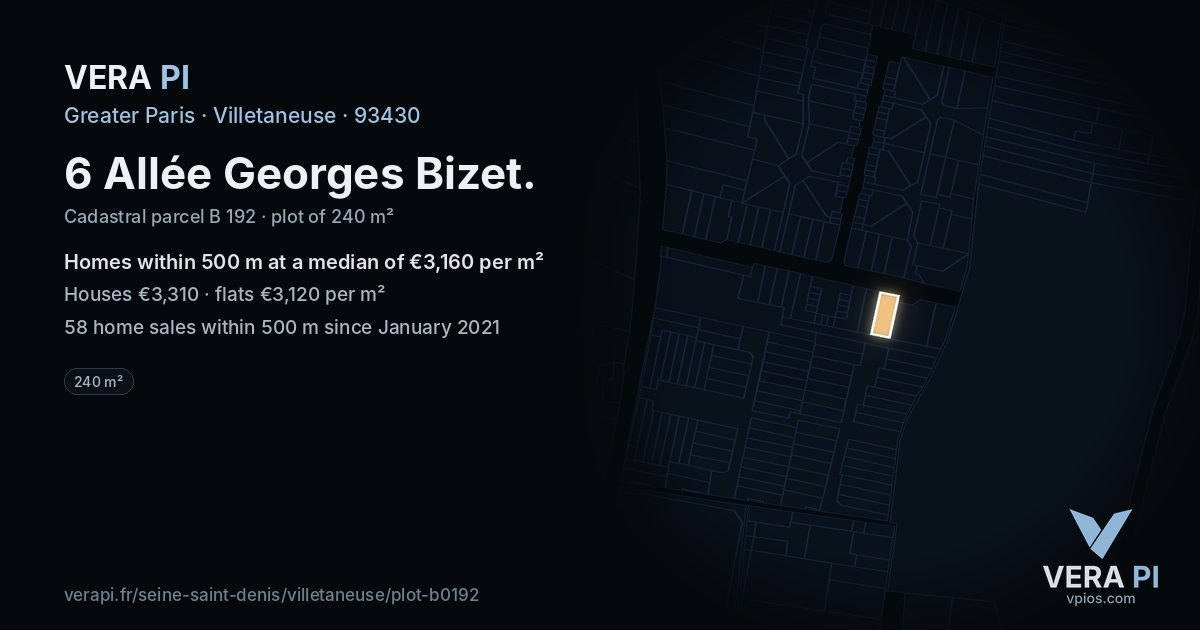 6 Allée Georges Bizet, Villetaneuse at night – the plot lit, the parcels around coloured by the prices near them