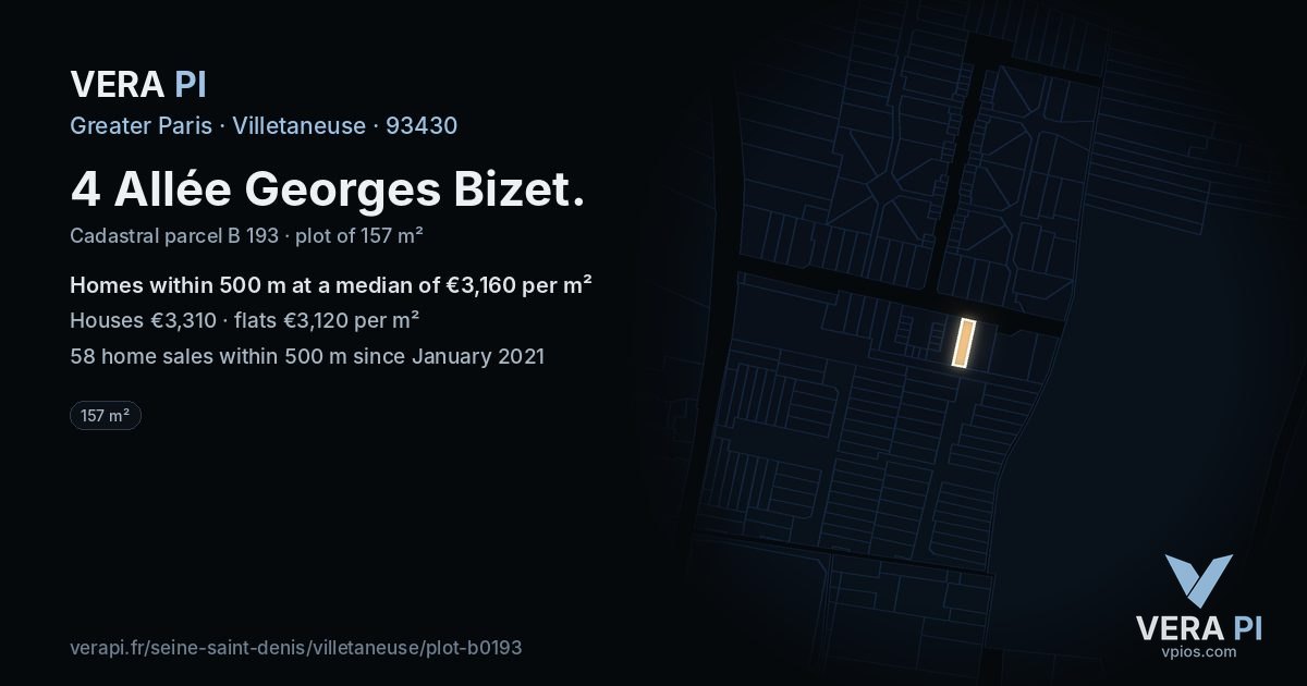 4 Allée Georges Bizet, Villetaneuse at night – the plot lit, the parcels around coloured by the prices near them