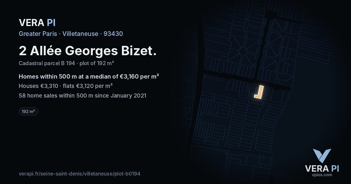 2 Allée Georges Bizet, Villetaneuse at night – the plot lit, the parcels around coloured by the prices near them