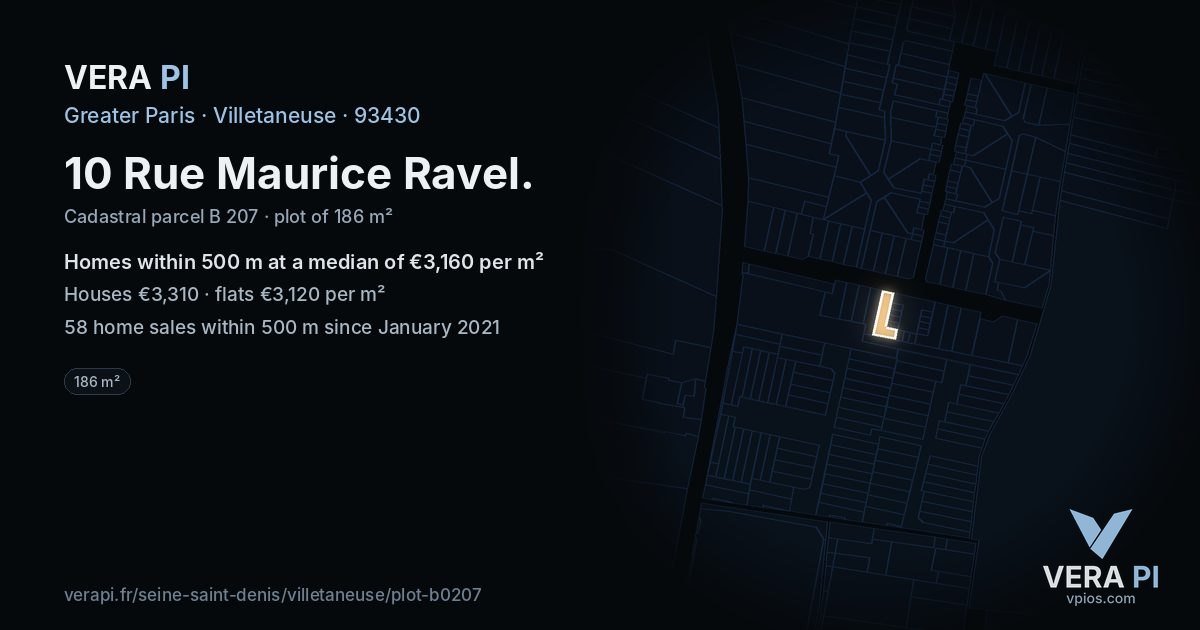 10 Rue Maurice Ravel, Villetaneuse at night – the plot lit, the parcels around coloured by the prices near them