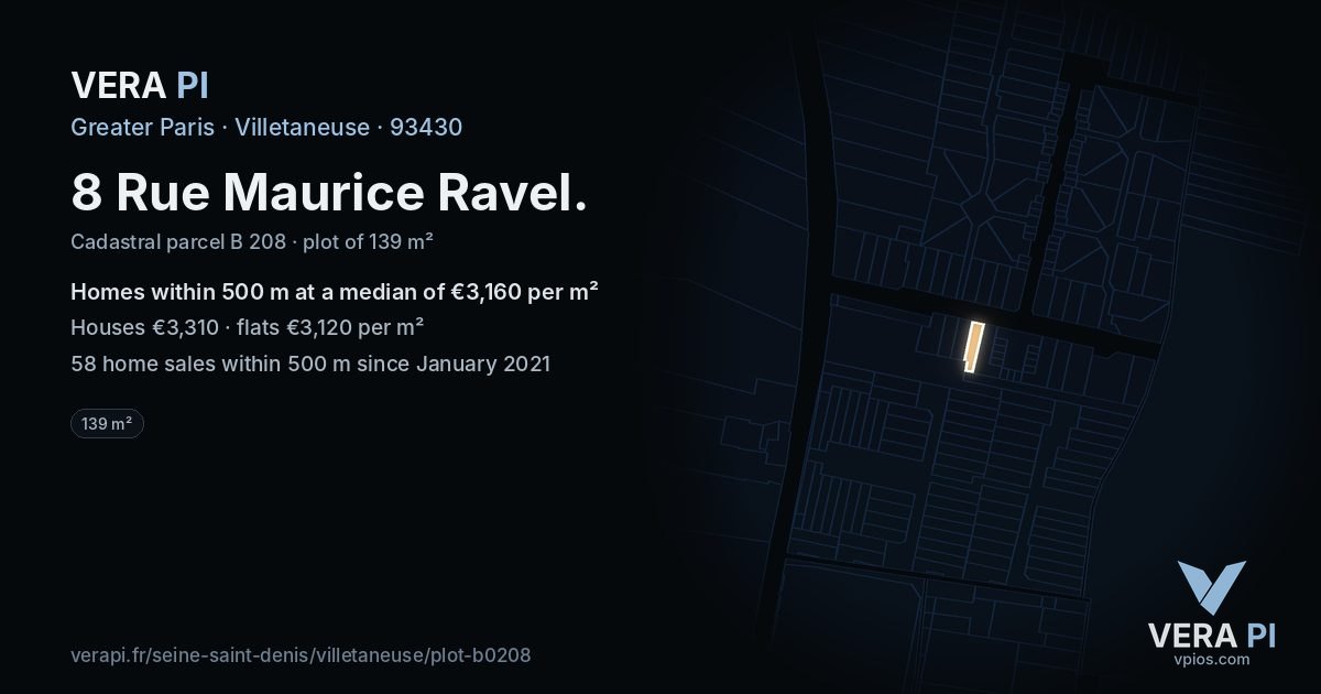 8 Rue Maurice Ravel, Villetaneuse at night – the plot lit, the parcels around coloured by the prices near them